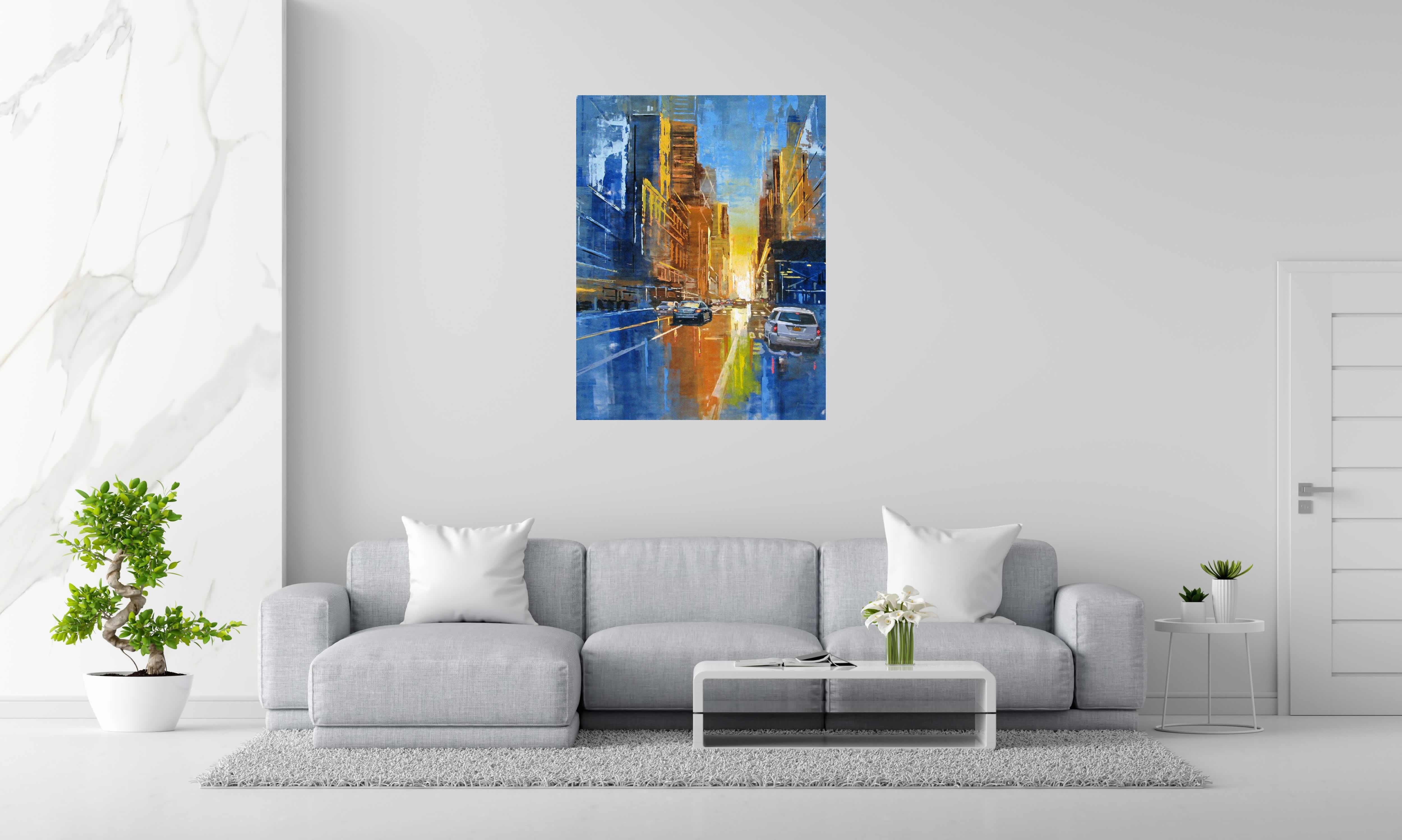 Tableau 57TH STREET SUNSET de ADRIEN FAVEAU dans un intérieur – 116 × 89 cm