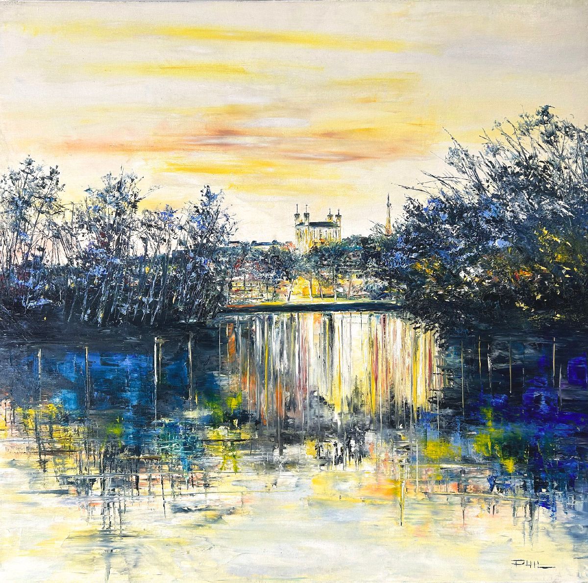 Tableau figuratif format xxl bleu et jaune Soirée parc de la tête d'or – PHIL – 80 × 80 cm