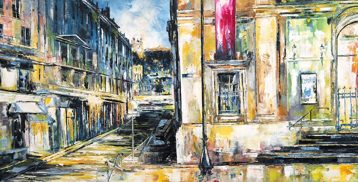 Tableau figuratif format xxl bleu Place des Célestins Lyon – PHIL – 120 × 60 cm