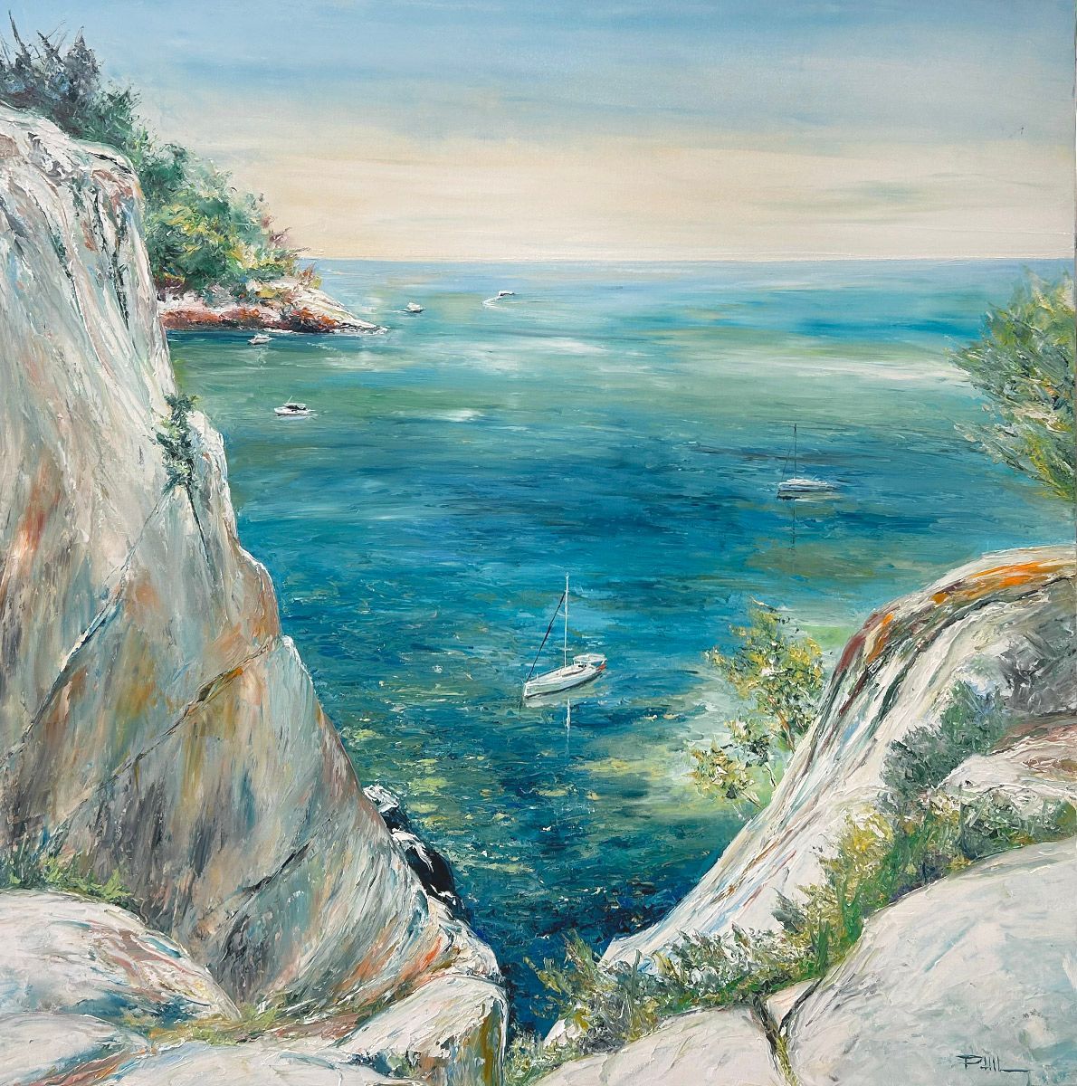 Tableau figuratif format xxl bleu et vert La calanque – PHIL – 90 × 90 cm