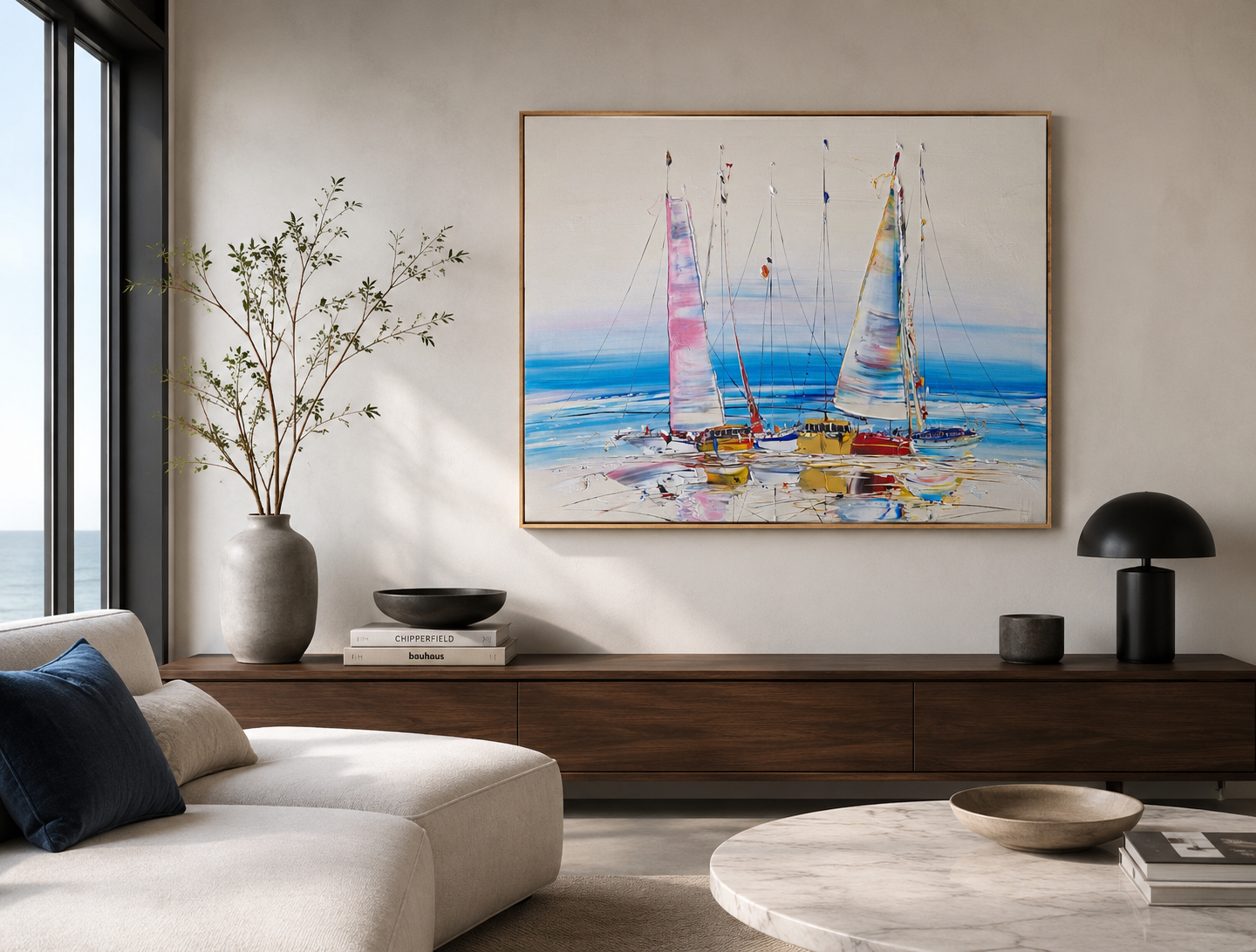 Tableau MARINE ABSTRAITE 115 de F. BOUTET dans un intérieur – 116 × 89 cm