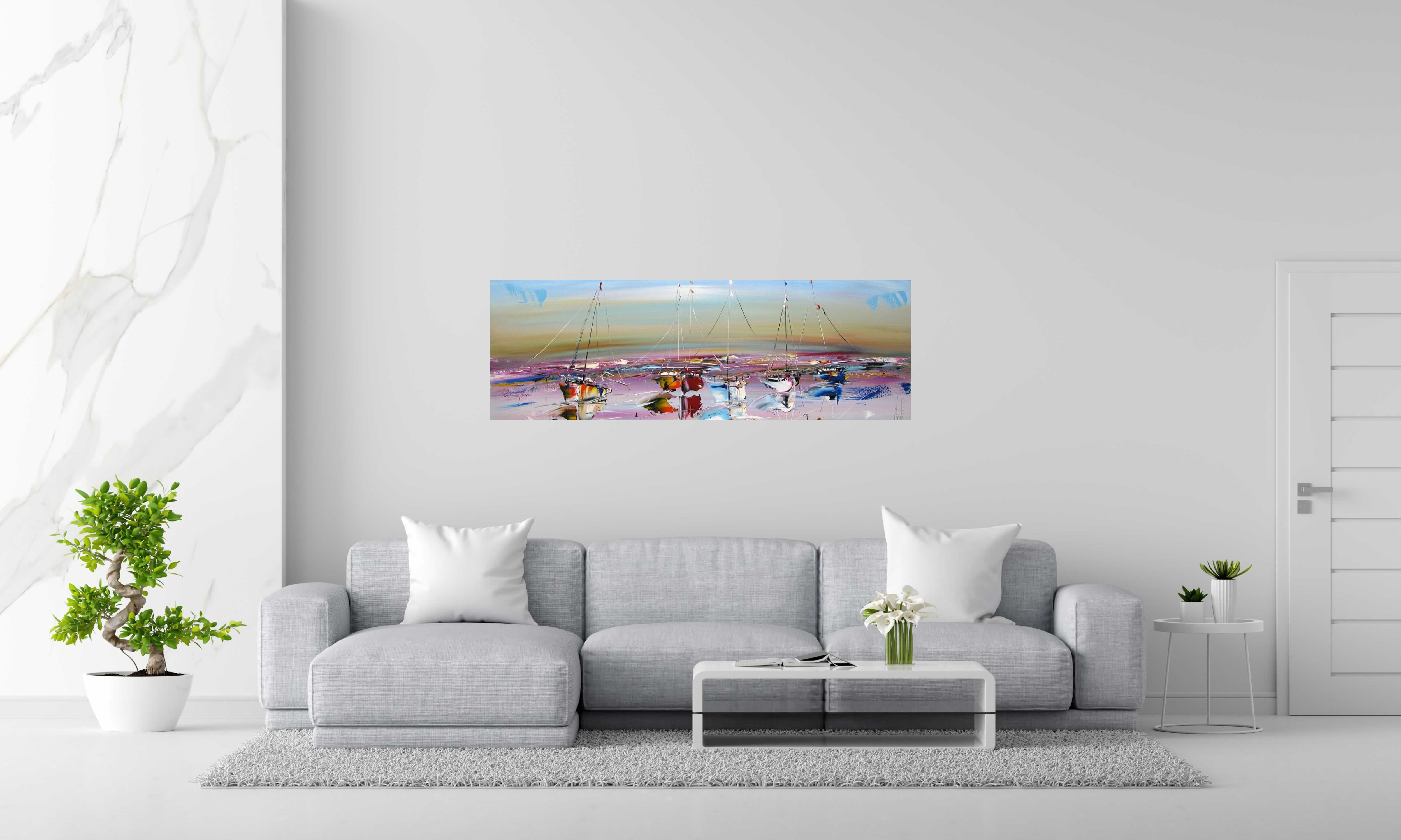 Tableau MARINE ABSTRAITE 2025-105 de F. BOUTET dans un intérieur – 150 × 50 cm