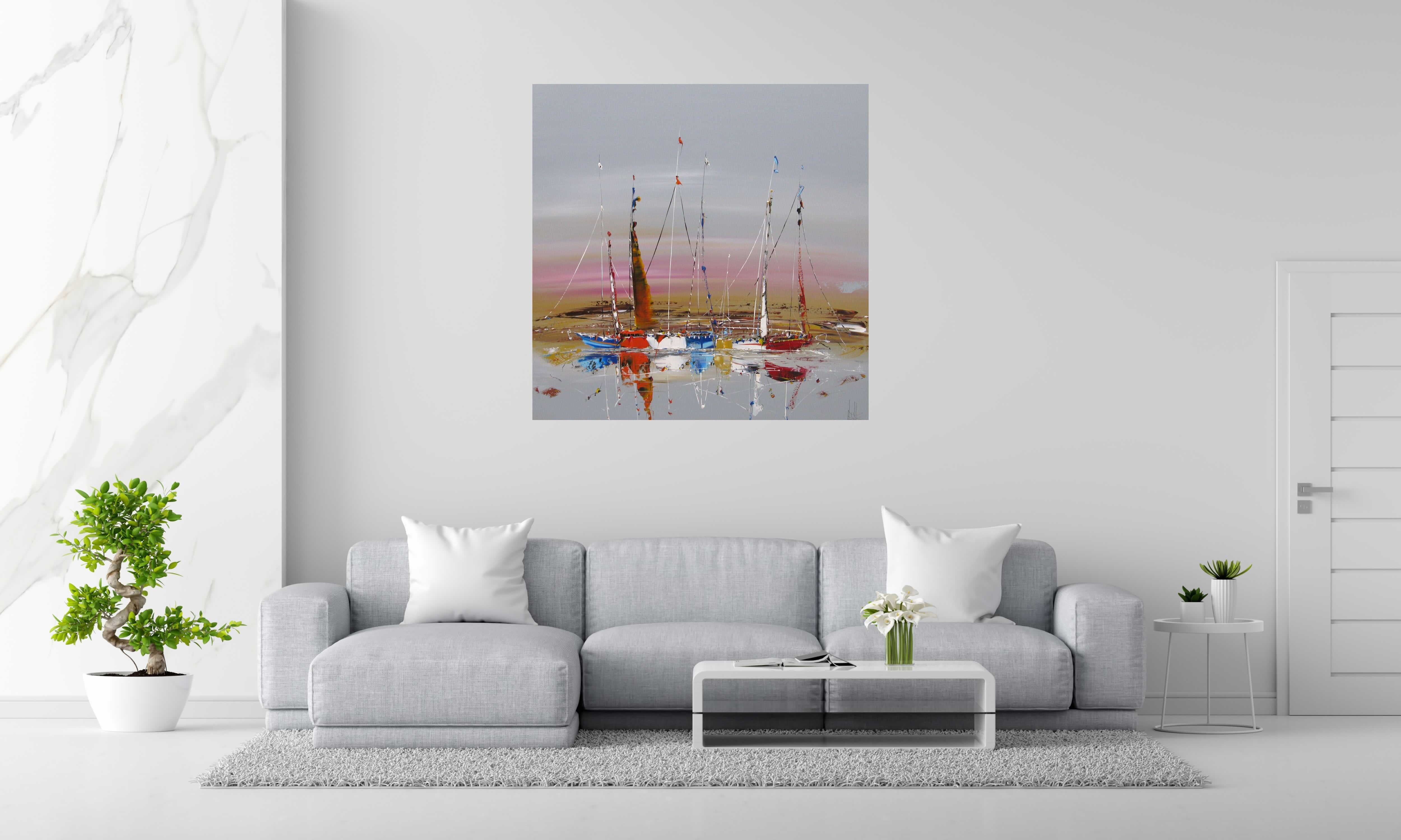 Tableau MARINE ABSTRAITE 70 de F. BOUTET dans un intérieur – 120 × 120 cm