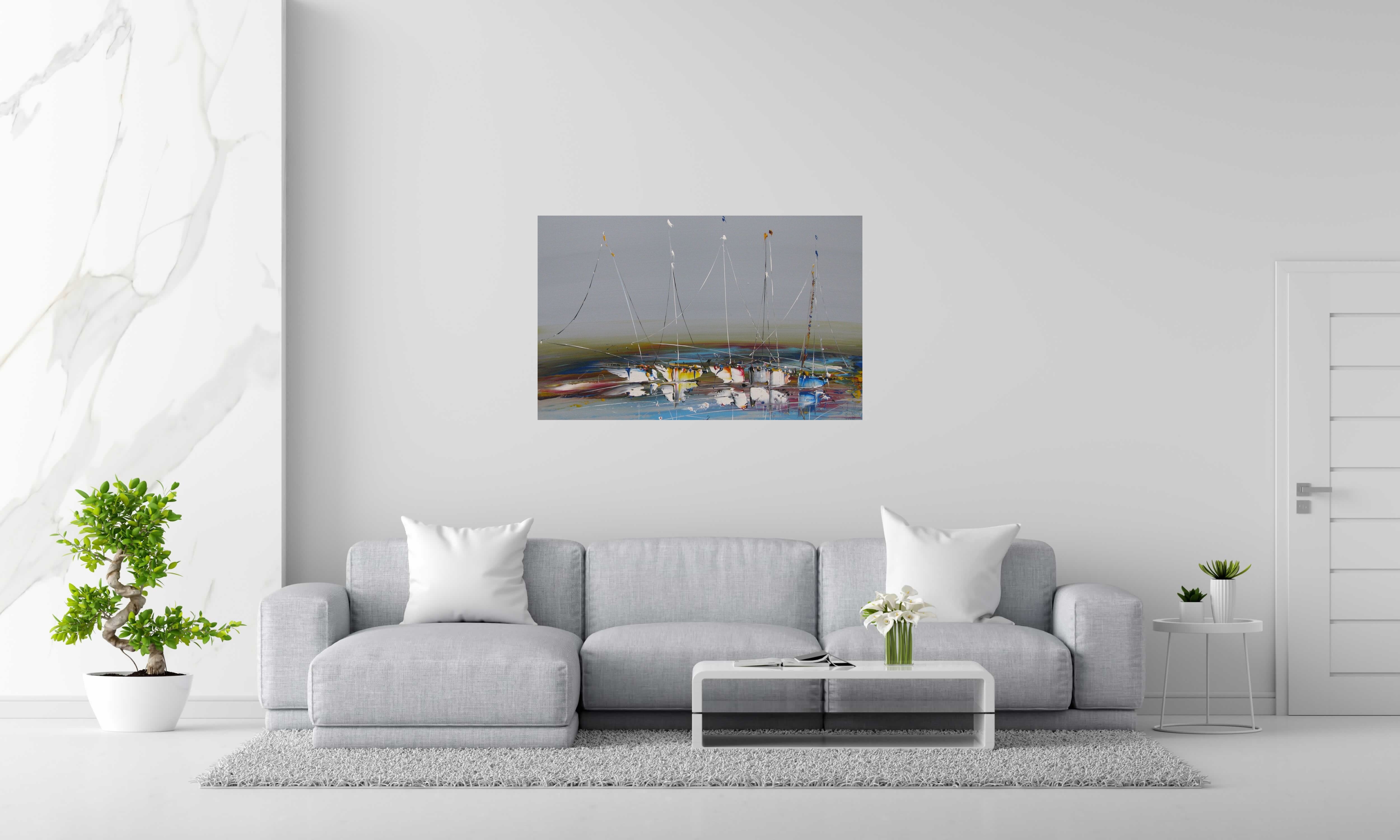 Tableau MARINE ABSTRAITE 73 de F. BOUTET dans un intérieur – 116 × 73 cm