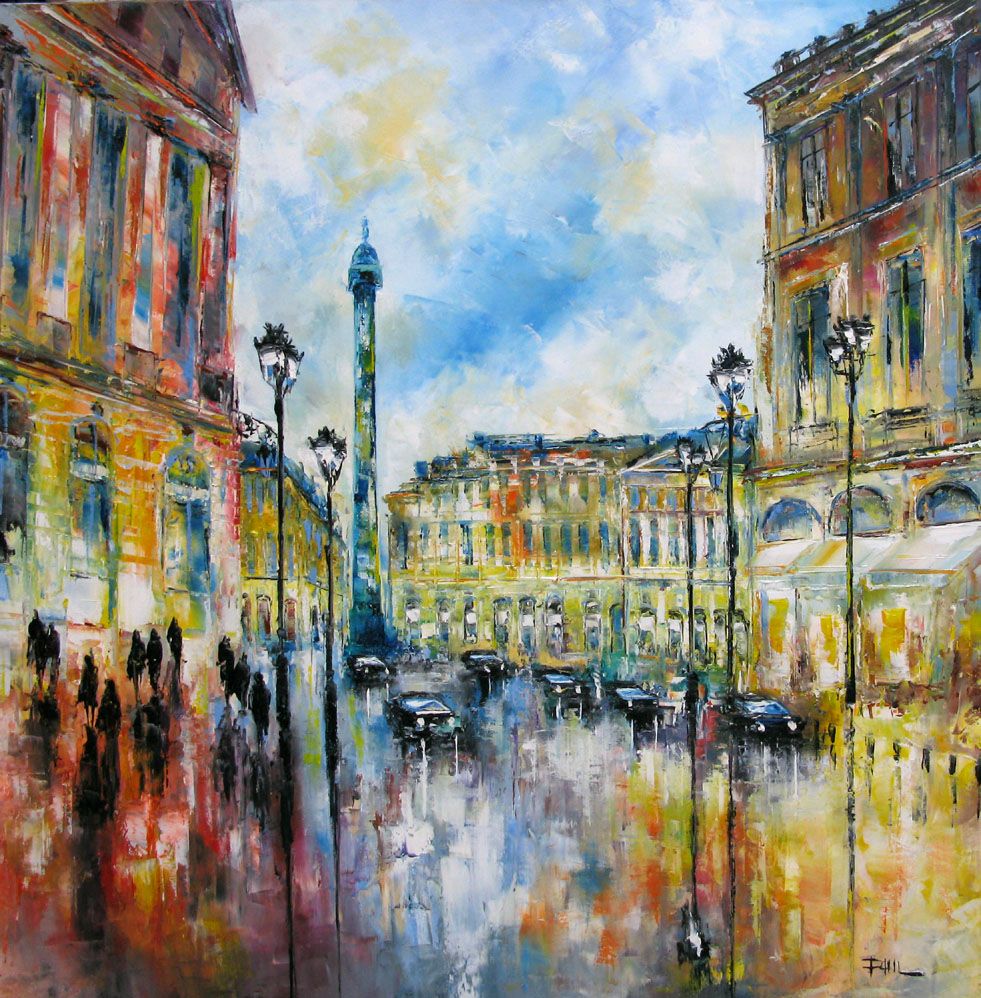 Tableau figuratif format xxl jaune et rose Arrivée à la Place Vendôme, Paris – PHIL – 100 × 100 cm