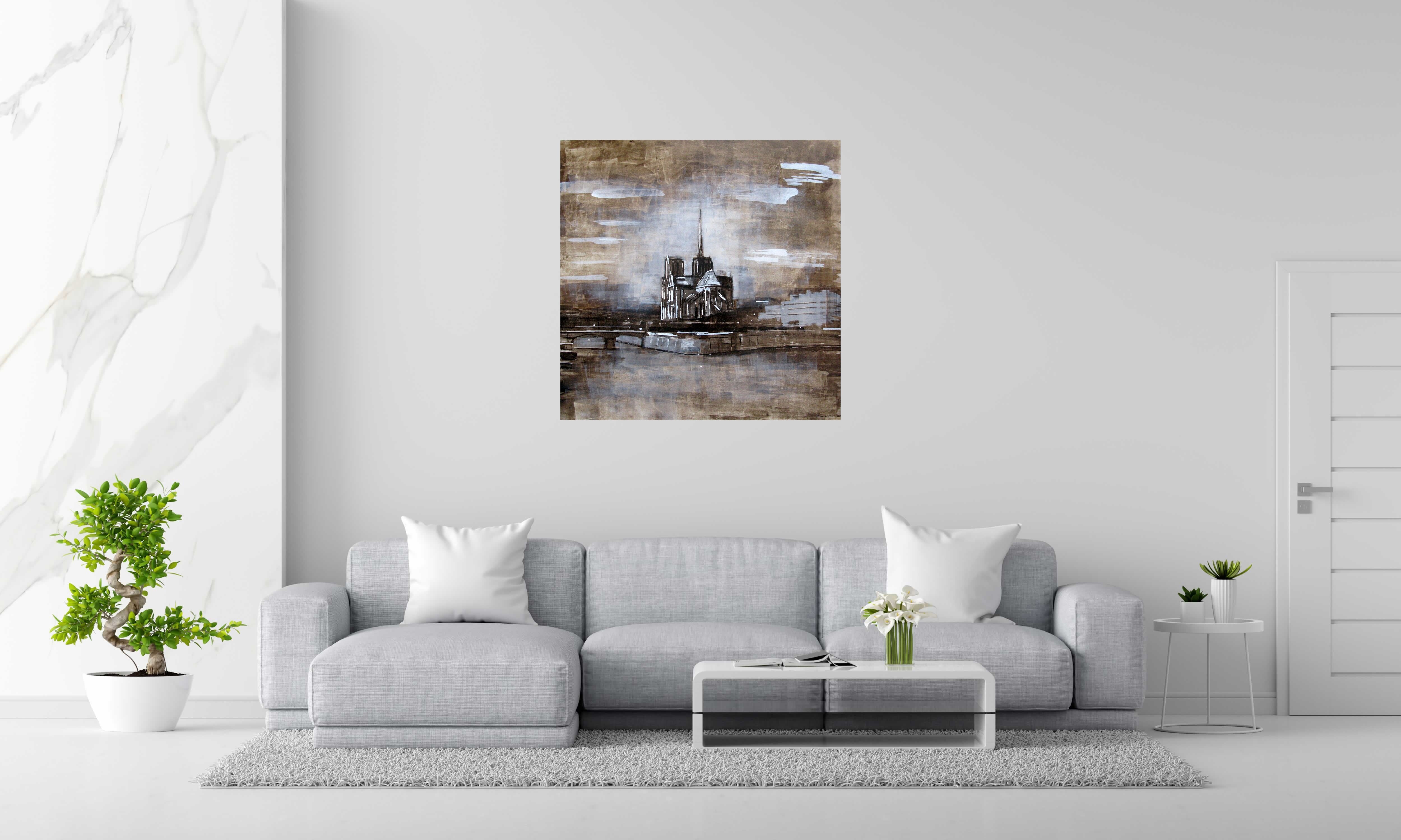 Tableau NOTRE DAME MONOCHROME de ADRIEN FAVEAU dans un intérieur – 100 × 100 cm