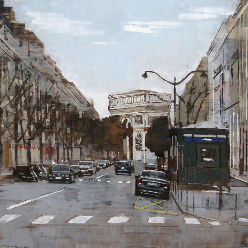 Tableau figuratif grand format beige AUTOMNE SUR L'AVENUE HOCHE – ADRIEN FAVEAU – 100 × 100 cm