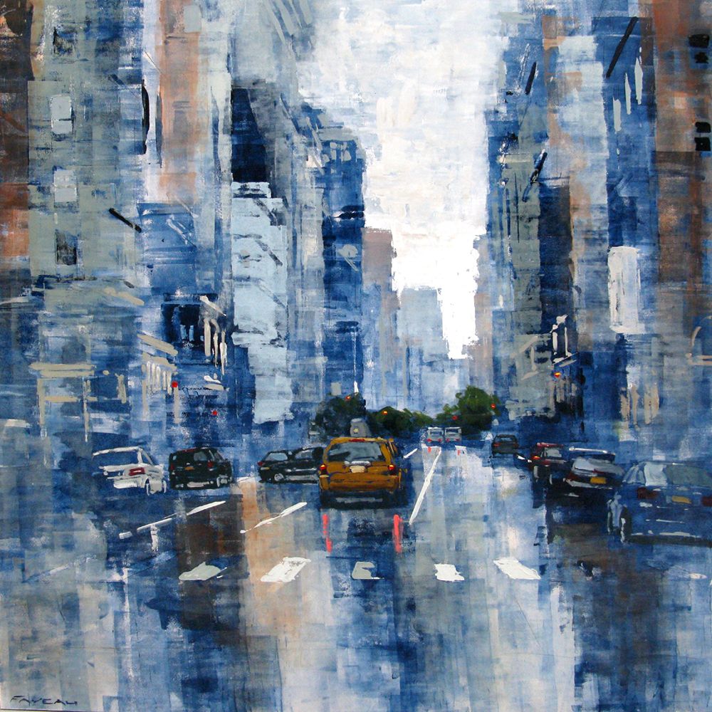 Tableau figuratif grand format bleu et jaune Fifth Avenue Atmosphere – ADRIEN FAVEAU – 100 × 100 cm