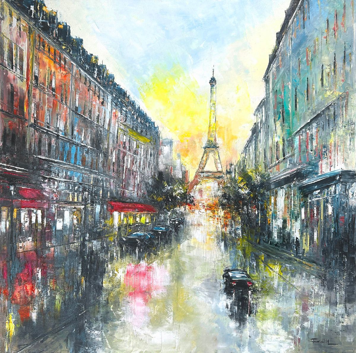 Tableau figuratif grand format bleu et jaune Le boulevard, Paris – PHIL – 80 × 80 cm
