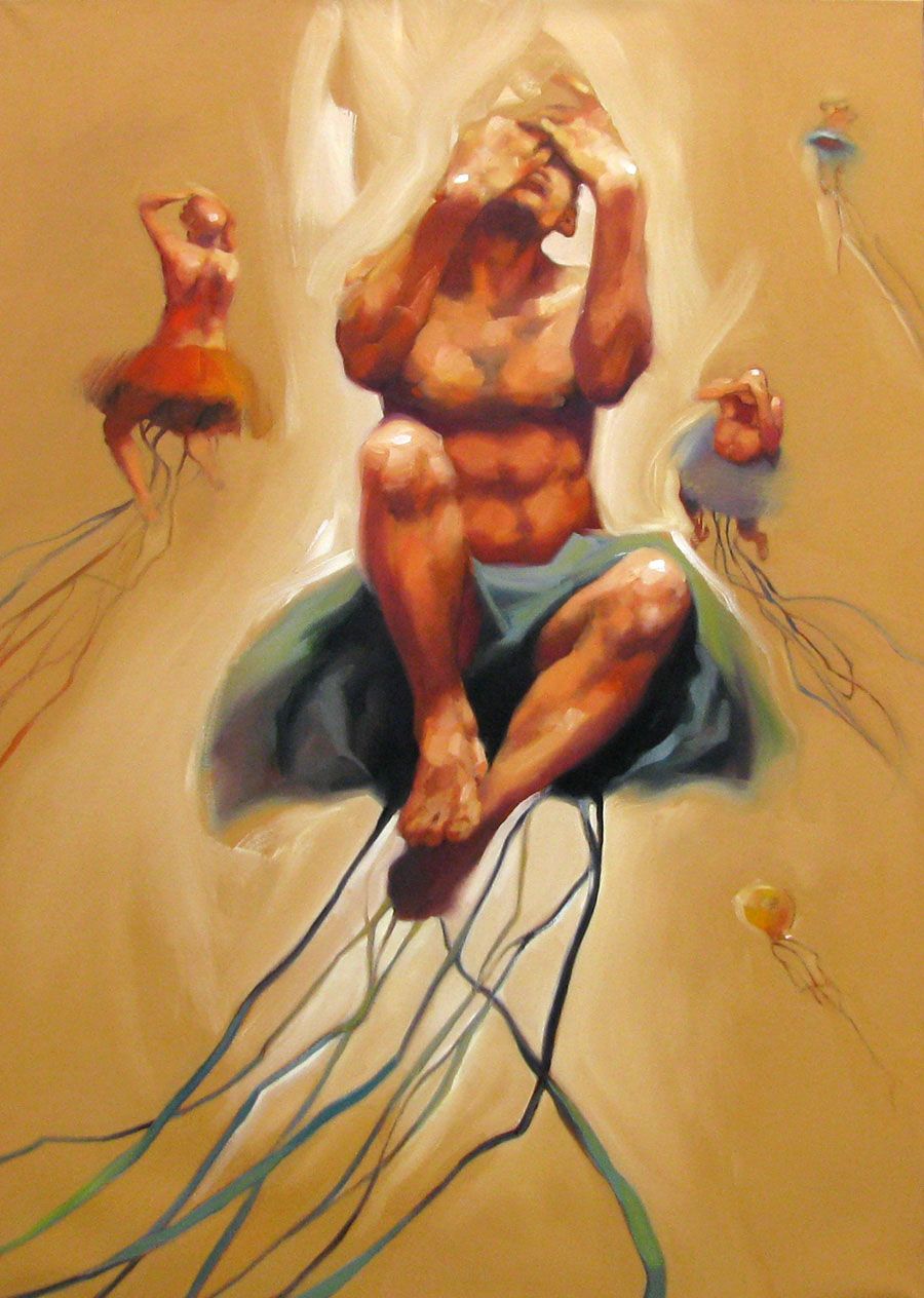 Tableau figuratif grand format brun THE DEFLATED JELLY FISH – OLIVIER MASSEBEUF – 116 × 81 cm