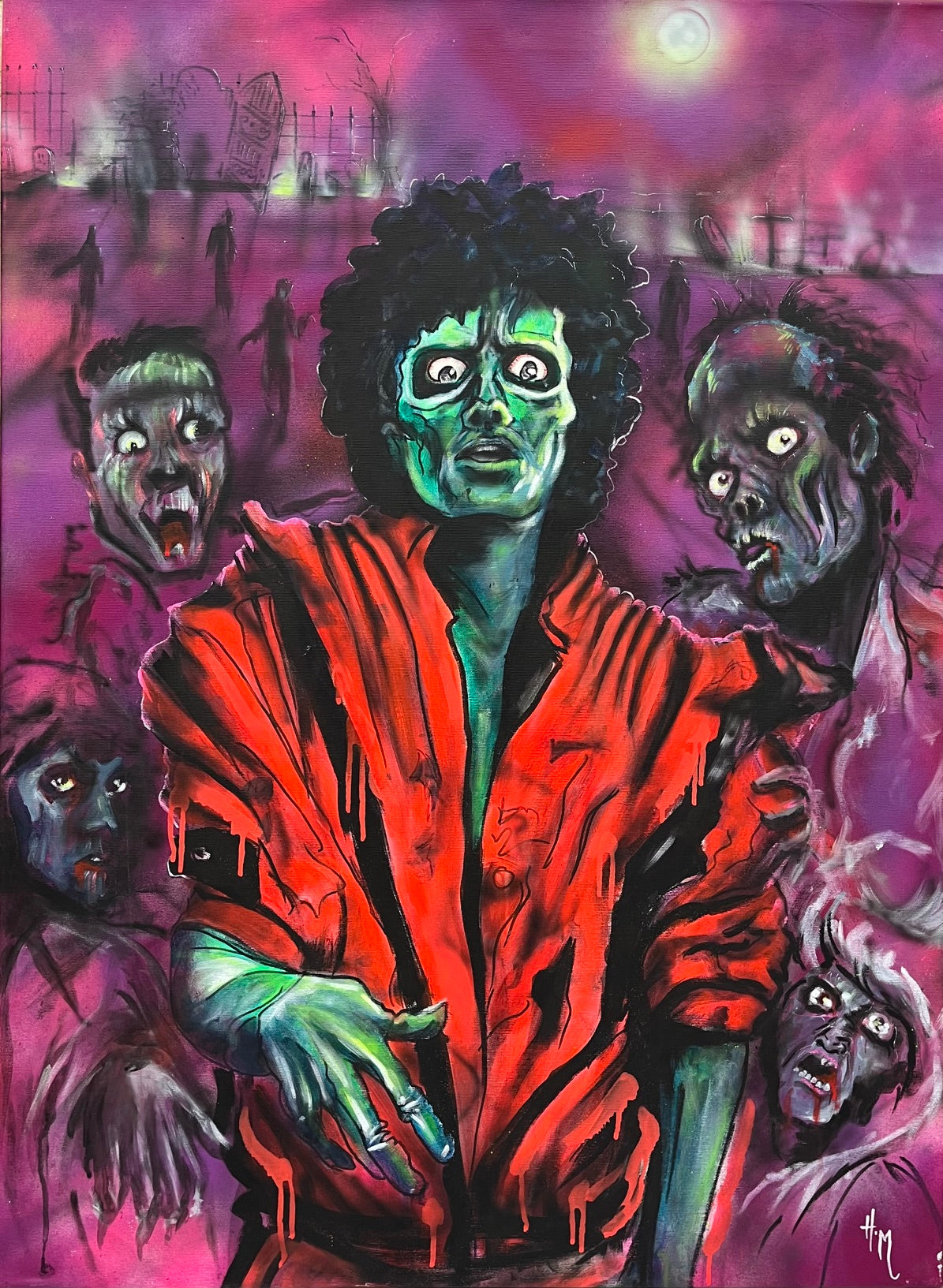 Tableau figuratif grand format fluo et rose thriller – ART HM – 95 × 70 cm