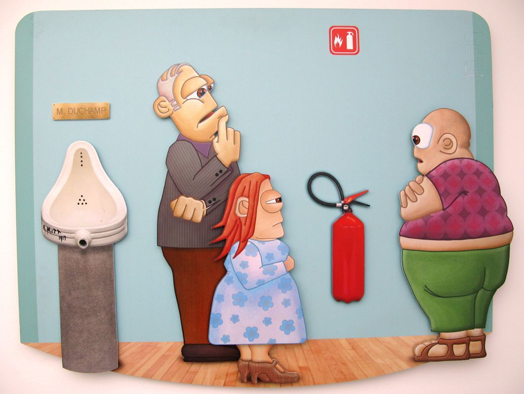 Tableau figuratif grand format violet Pitre Vs Duchamp – L'ARTISTE PITRE – 91 × 70 cm