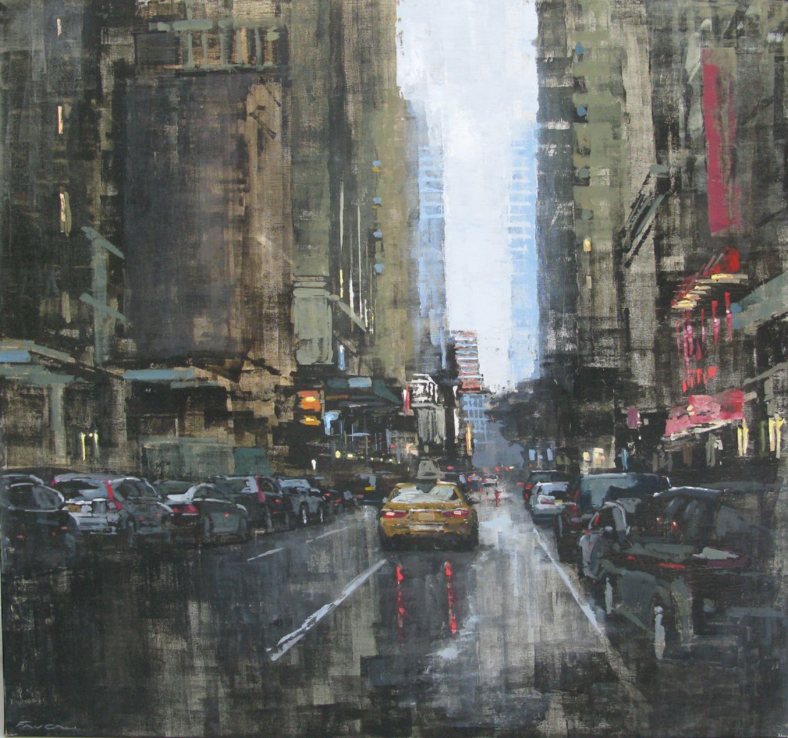 Tableau figuratif grande taille Manhattan Rain – ADRIEN FAVEAU – 120 × 120 cm