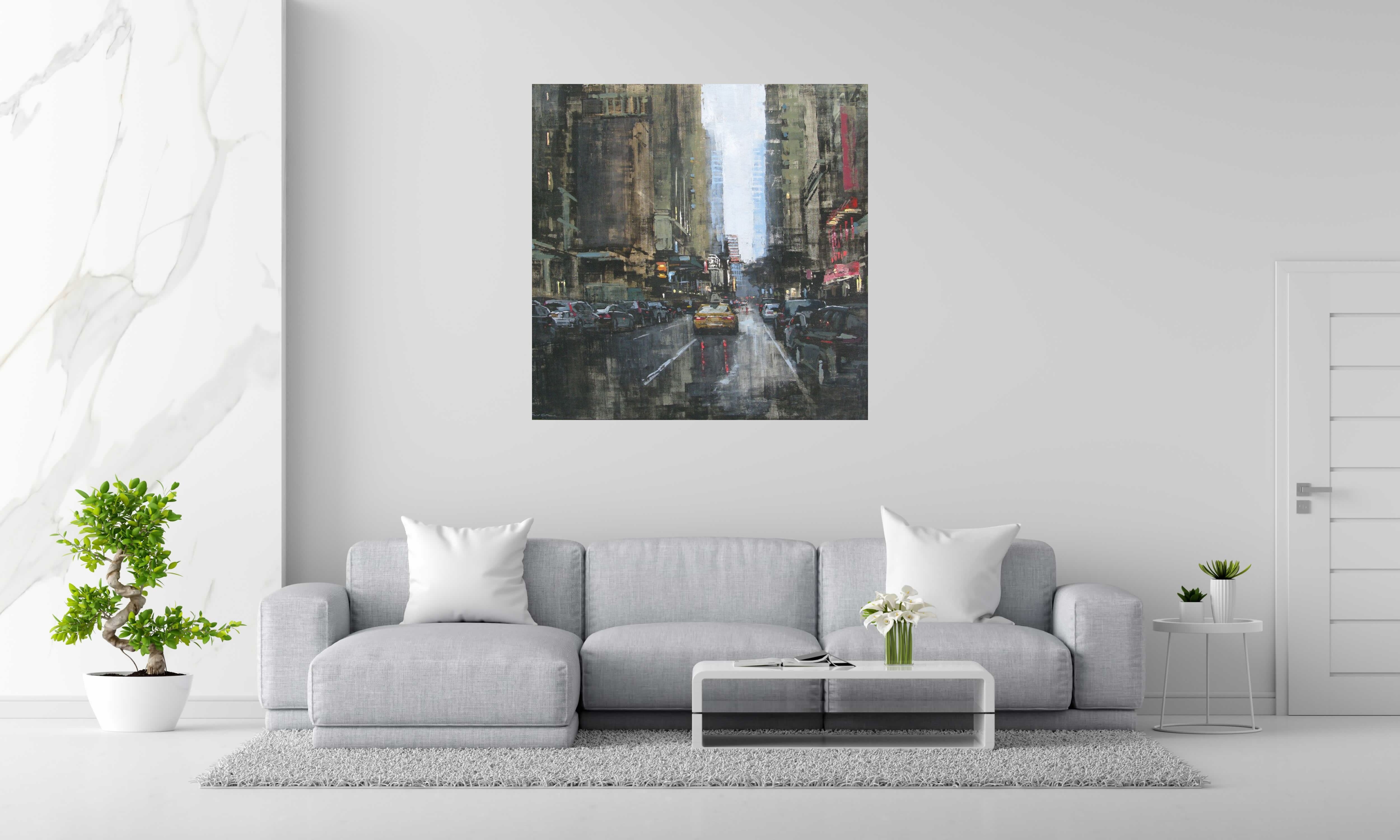Tableau Manhattan Rain de ADRIEN FAVEAU dans un intérieur – 120 × 120 cm