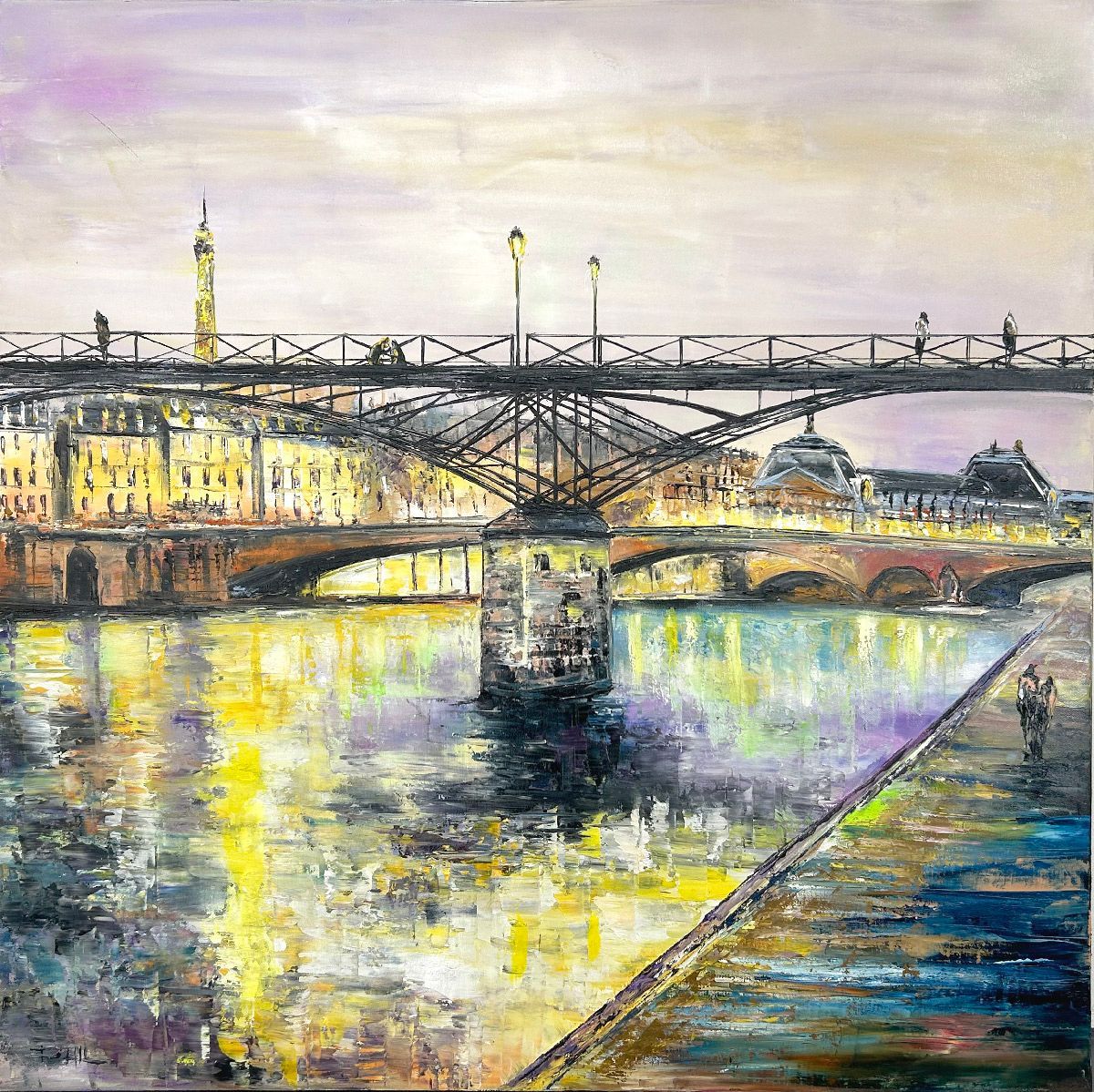 Tableau figuratif grande taille bleu et jaune Pont des Arts, Paris – PHIL – 80 × 80 cm