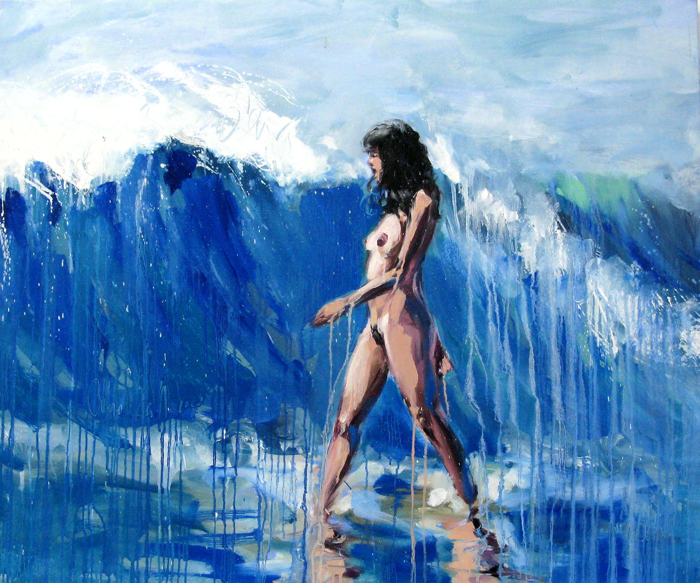 Tableau figuratif grande taille bleu La vague – OLENA SINIUHINA – 100 × 80 cm