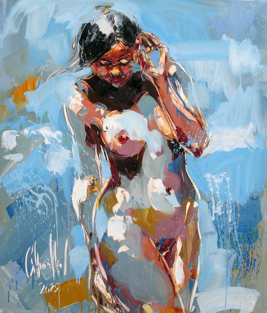 Tableau figuratif grande taille bleu Poline – OLENA SINIUHINA – 100 × 80 cm