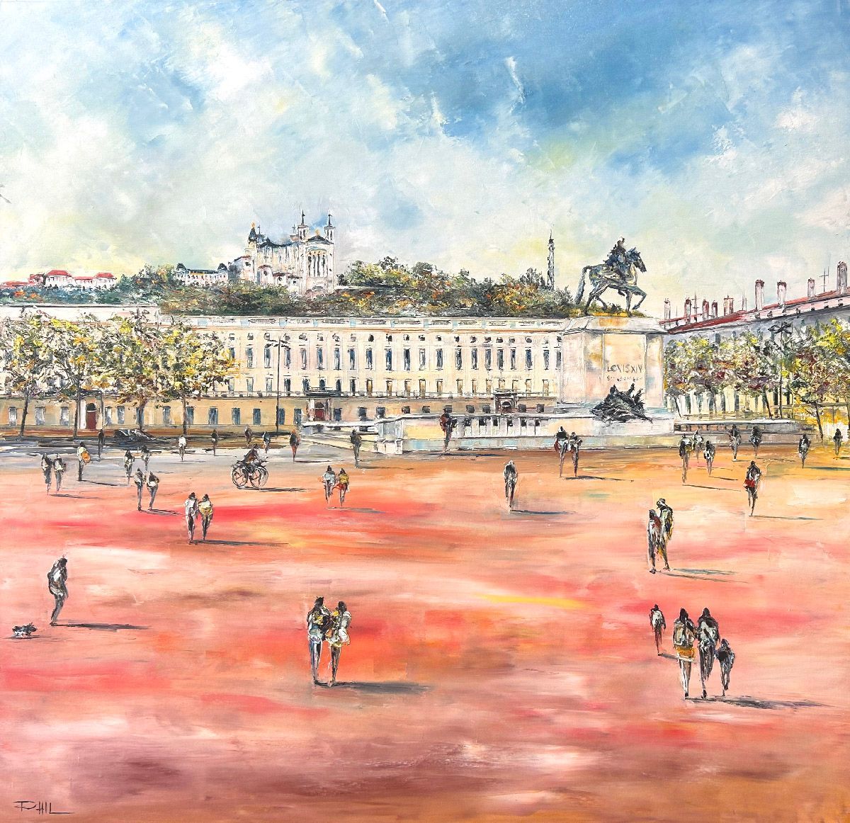 Tableau figuratif grande taille bleu et rouge Place Bellecour, Lyon – PHIL – 100 × 100 cm