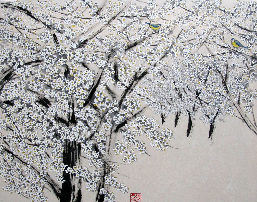 Tableau figuratif grande taille Cerisiers blancs – JEONG MIN LEE – 146 × 114 cm