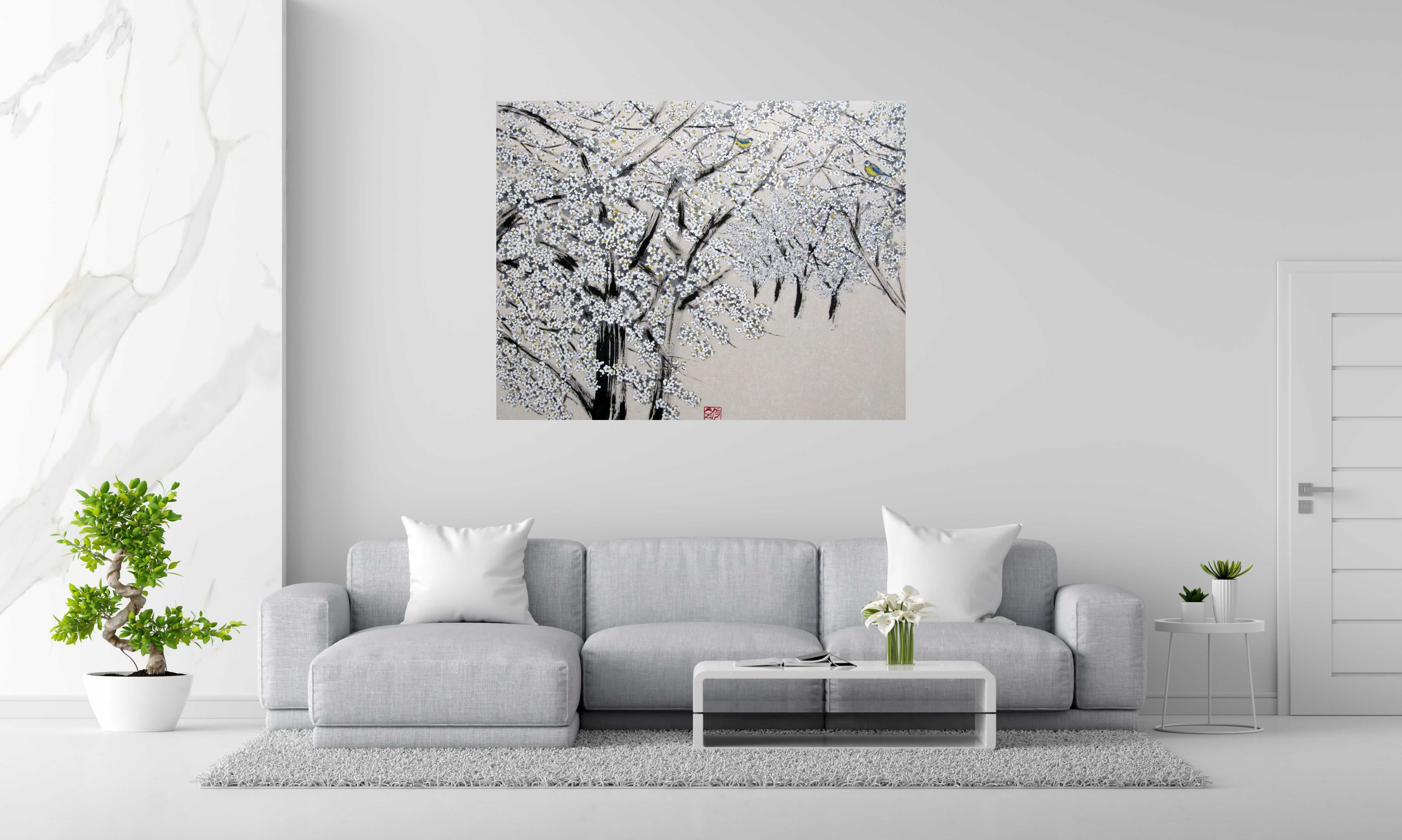 Tableau Cerisiers blancs de JEONG MIN LEE dans un intérieur – 146 × 114 cm