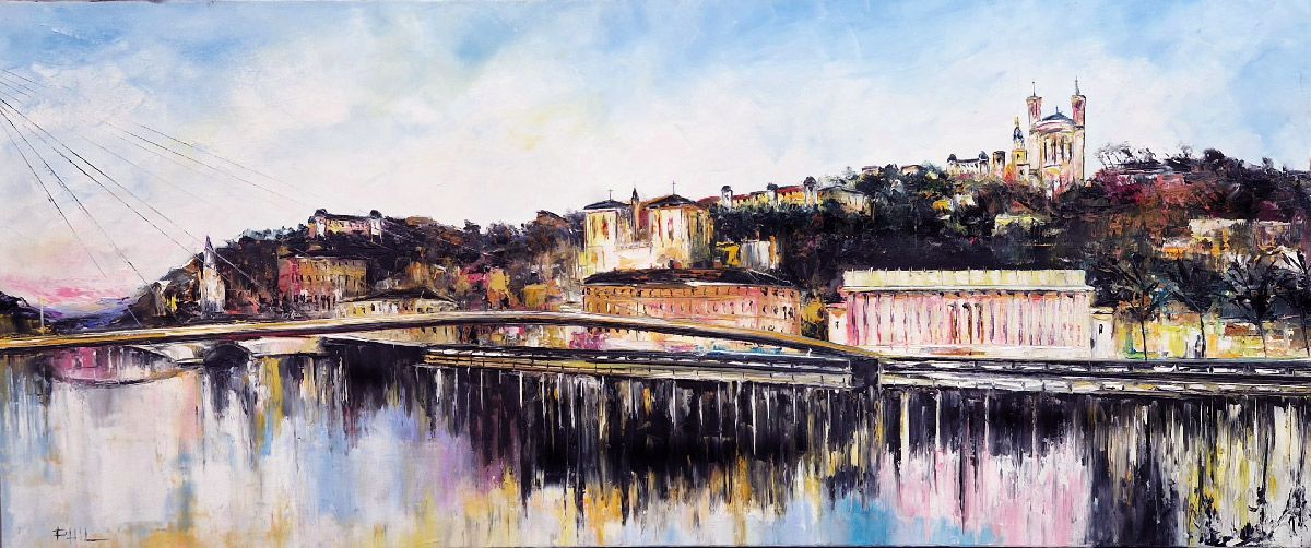 Tableau figuratif grande taille Quais de la Saône, Lyon – PHIL – 120 × 50 cm
