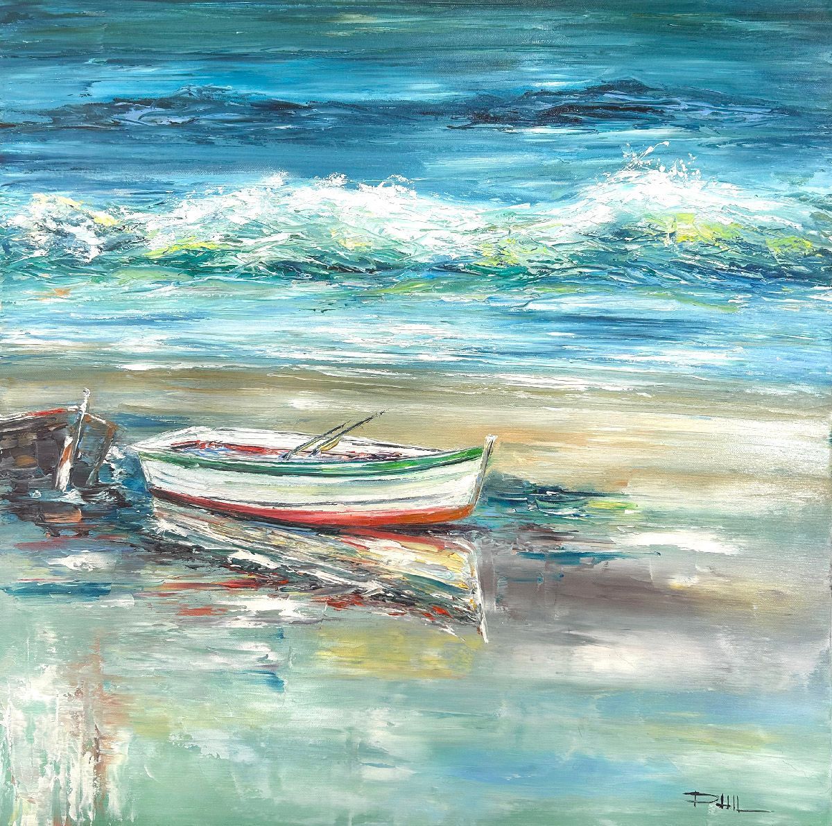 Tableau figuratif moyen format bleu et jaune Aux bruits des vagues – PHIL – 60 × 60 cm