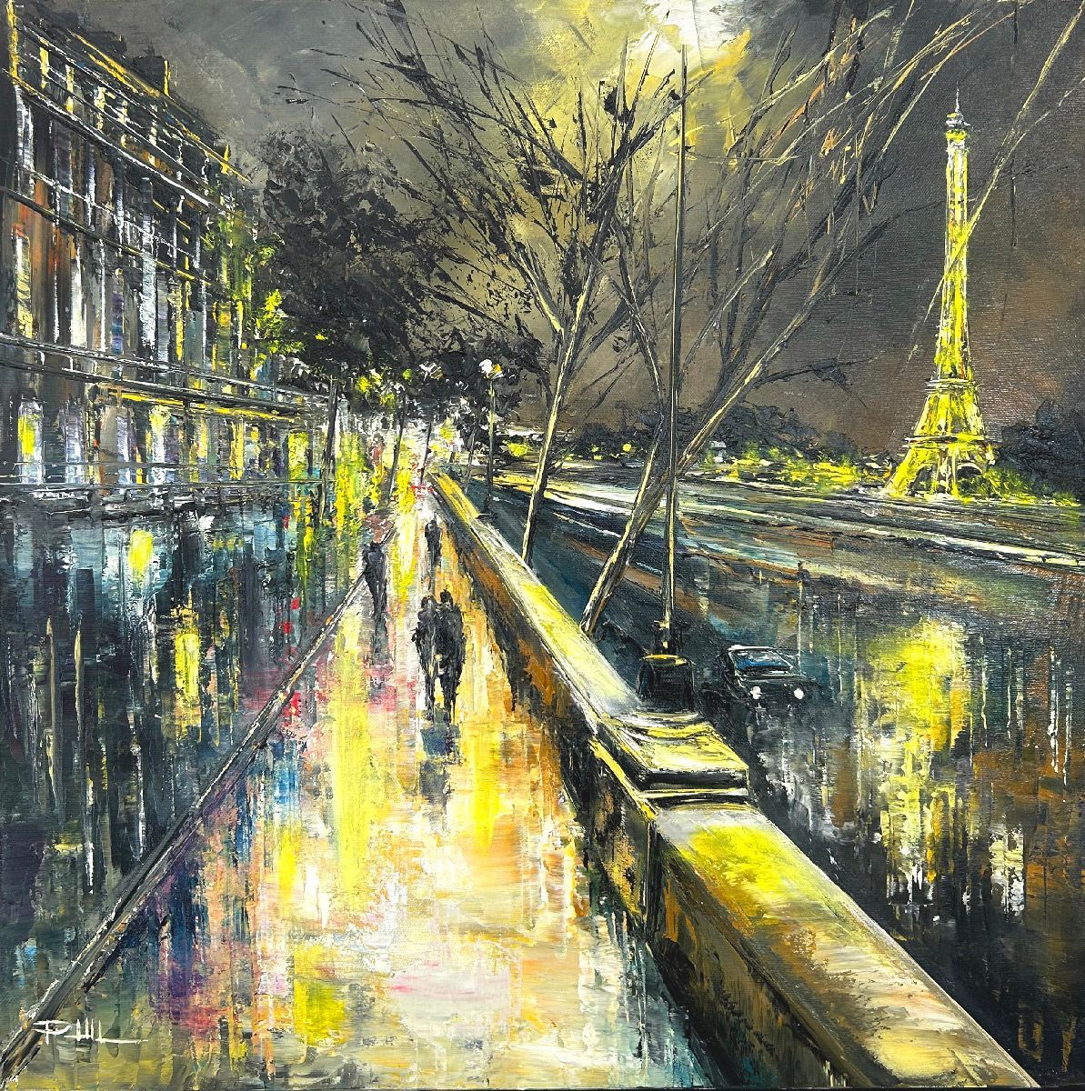 Tableau figuratif moyen format bleu et jaune Bords de Seine – PHIL – 60 × 60 cm