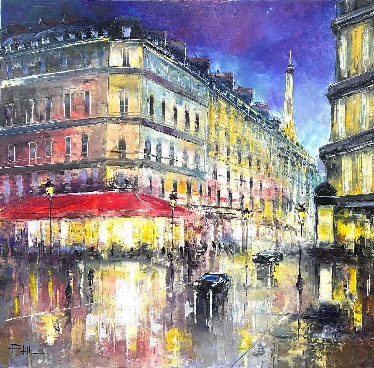 Tableau figuratif moyen format bleu et jaune La brasserie, Paris – PHIL – 60 × 60 cm
