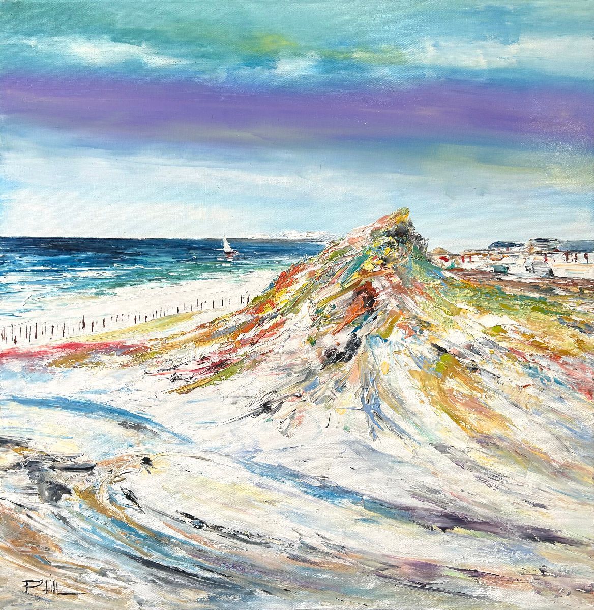 Tableau figuratif moyen format bleu et jaune Les dunes – PHIL – 60 × 60 cm