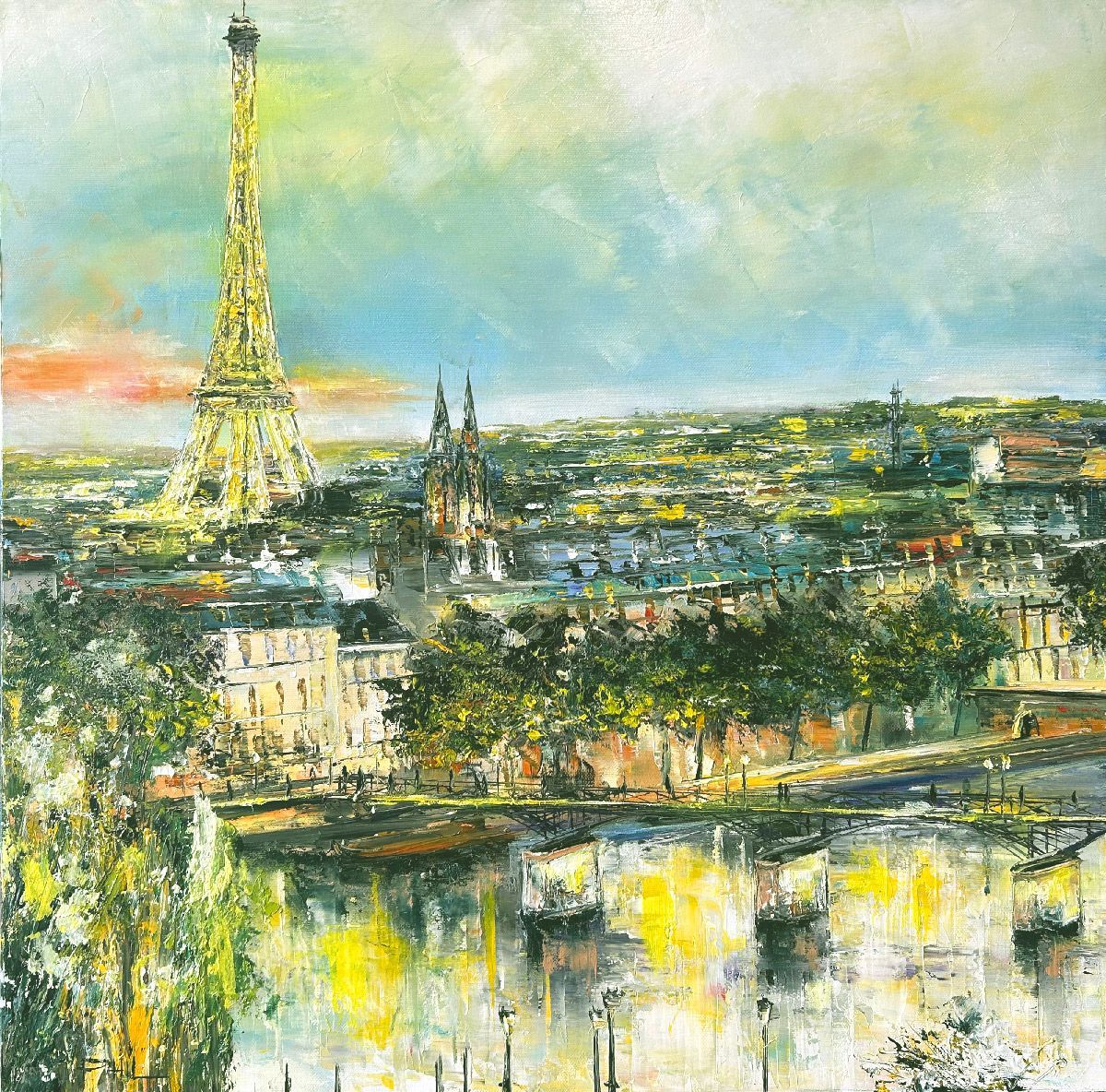 Tableau figuratif moyen format bleu et jaune Vue sur la Seine – PHIL – 60 × 60 cm