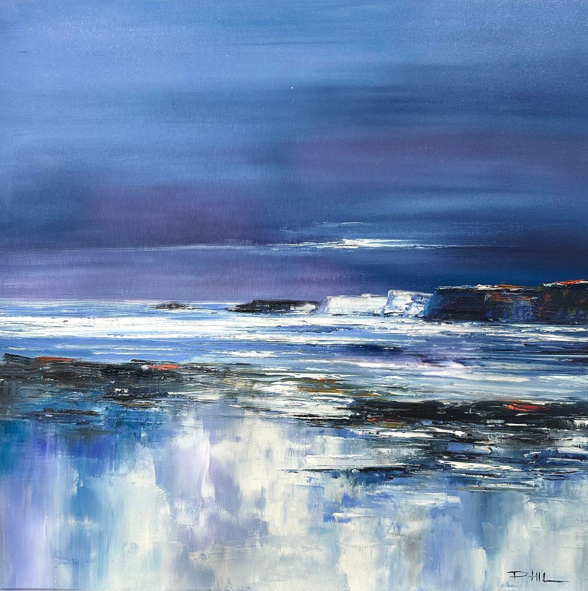 Tableau figuratif moyen format bleu et mauve Les hautes falaises – PHIL – 60 × 60 cm