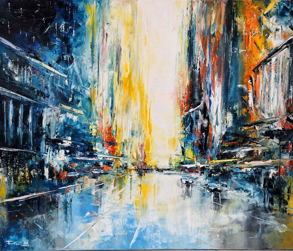 Tableau figuratif moyen format bleu Little morning, NY – PHIL – 60 × 50 cm