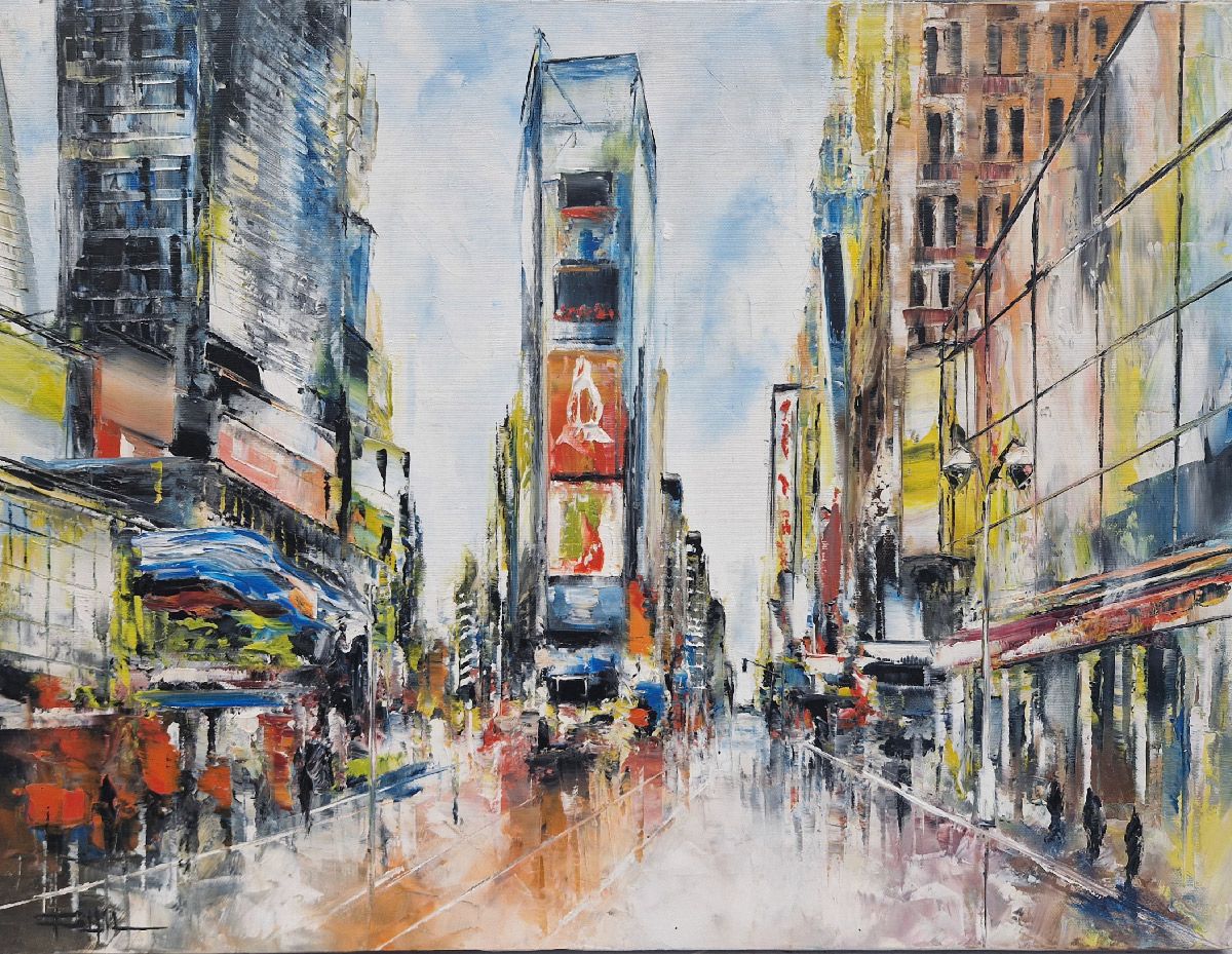 Tableau figuratif moyen format bleu Sunday at Times Square – PHIL – 65 × 50 cm