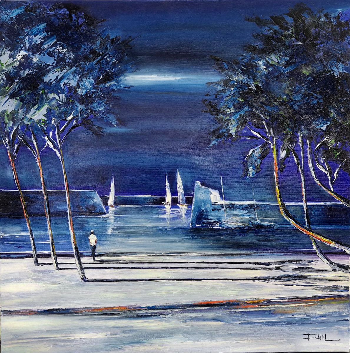 Tableau figuratif moyen format bleu et violet Nuit claire – PHIL – 50 × 50 cm