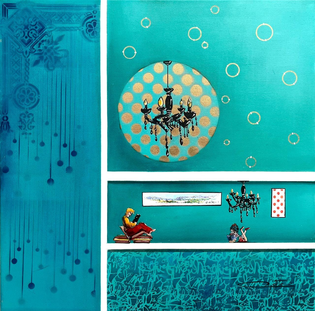 Tableau figuratif moyen format Qu'est-ce qu'on est bien chez soi – Geneviève Canto – 60 × 60 cm