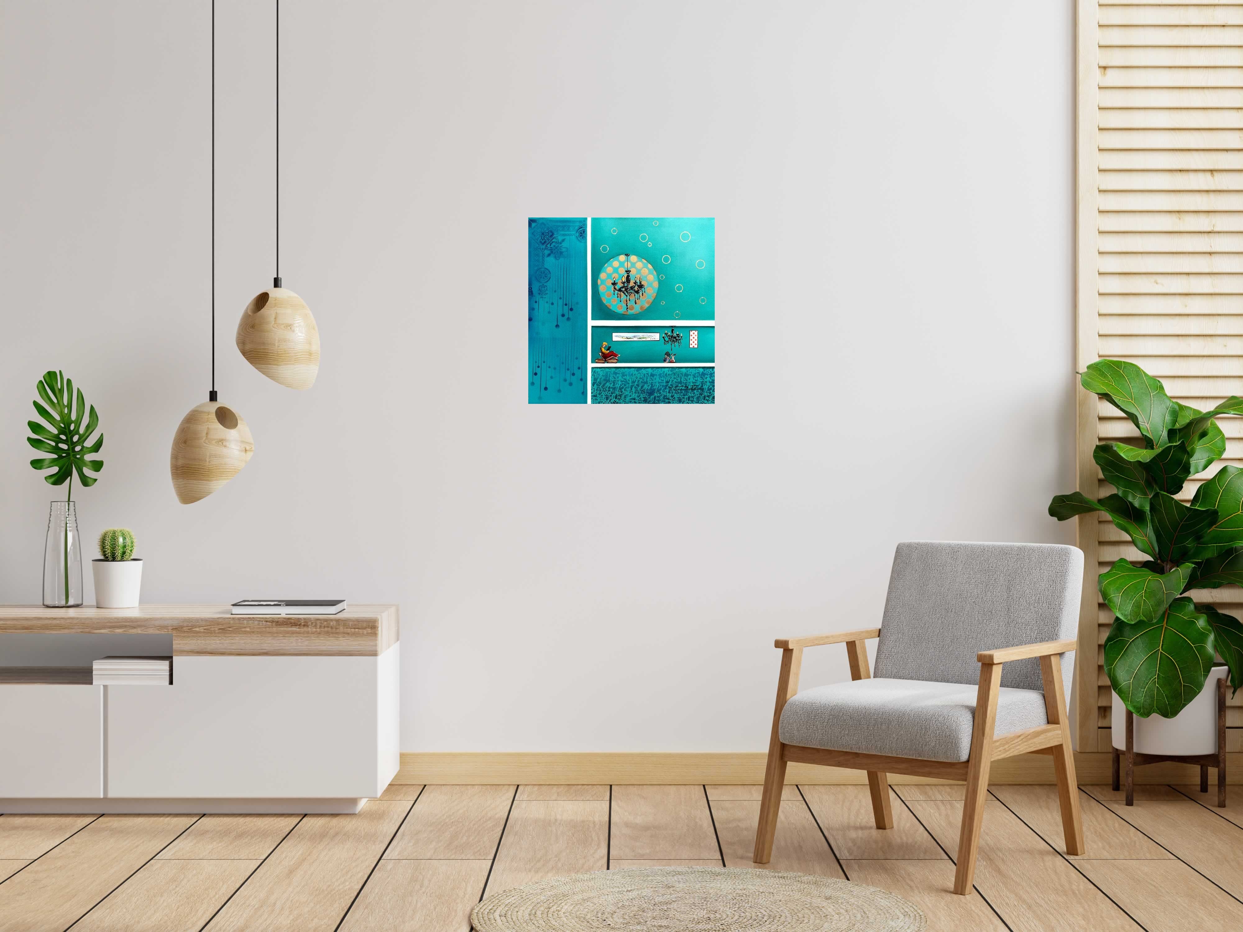 Tableau Qu'est-ce qu'on est bien chez soi de Geneviève Canto dans un intérieur – 60 × 60 cm