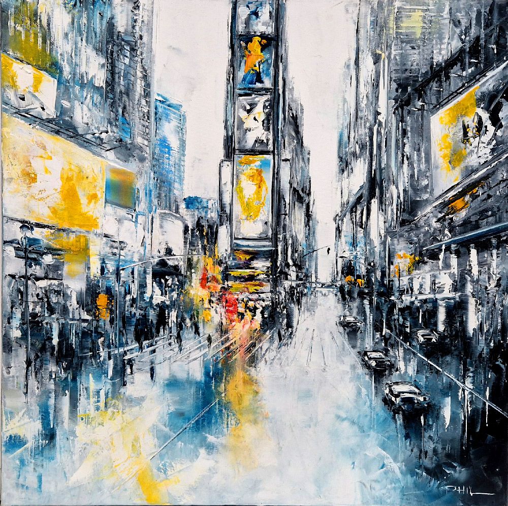Tableau figuratif moyen format gris Afternoon at Times Square – PHIL – 60 × 60 cm