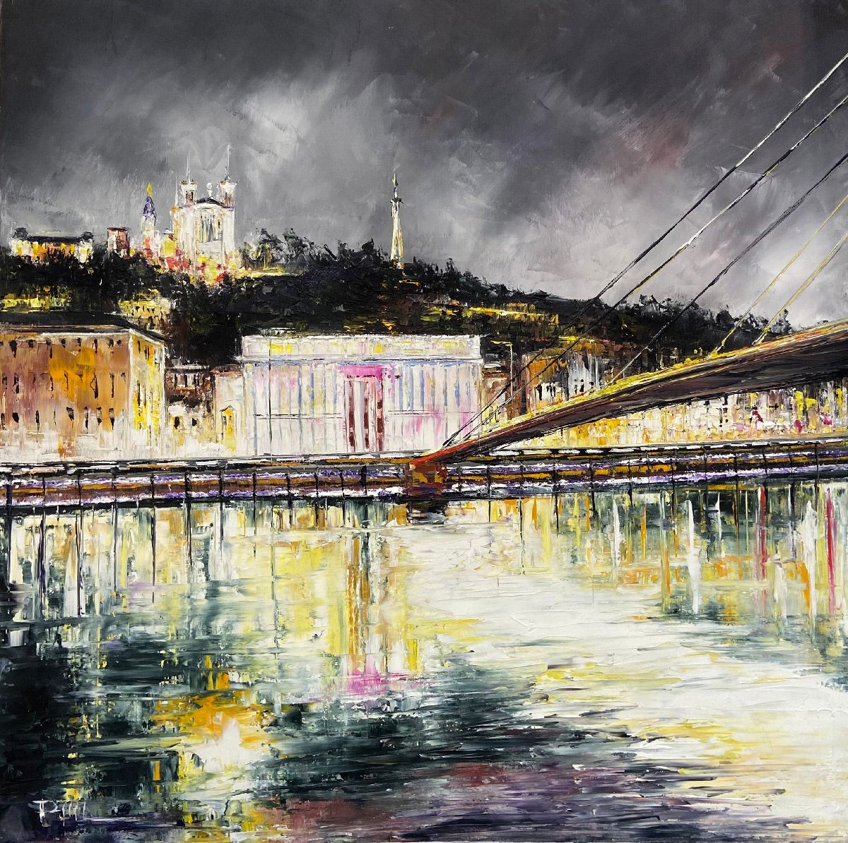 Tableau figuratif moyen format jaune et noir Lyon 24 colonnes – PHIL – 60 × 60 cm