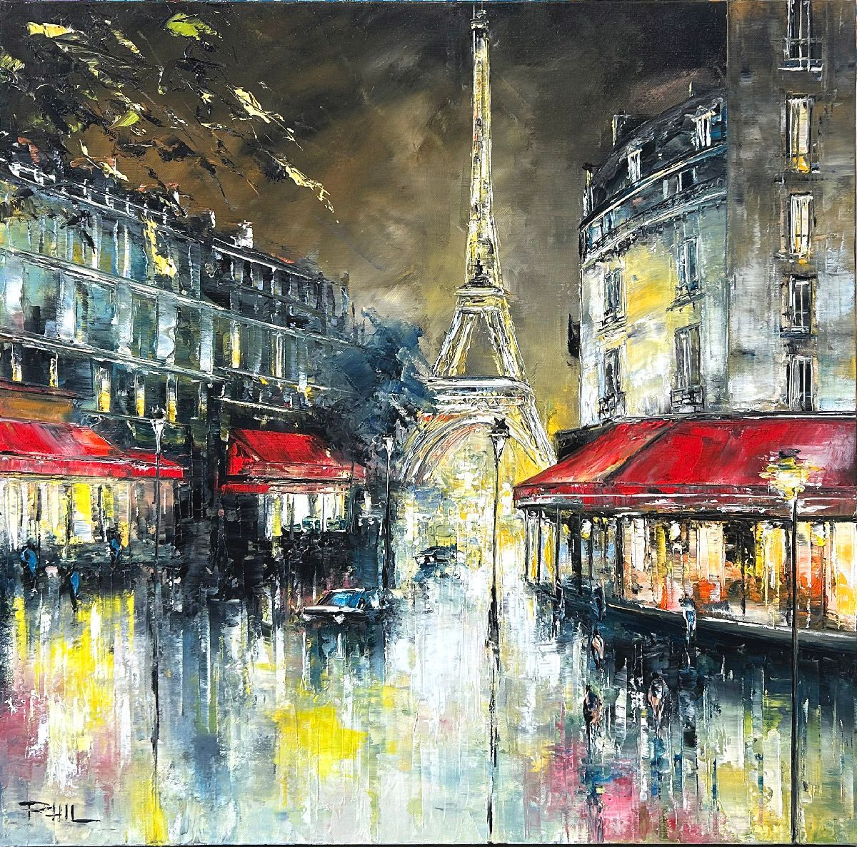 Tableau figuratif moyen format jaune et rouge Les boulevards – PHIL – 60 × 60 cm