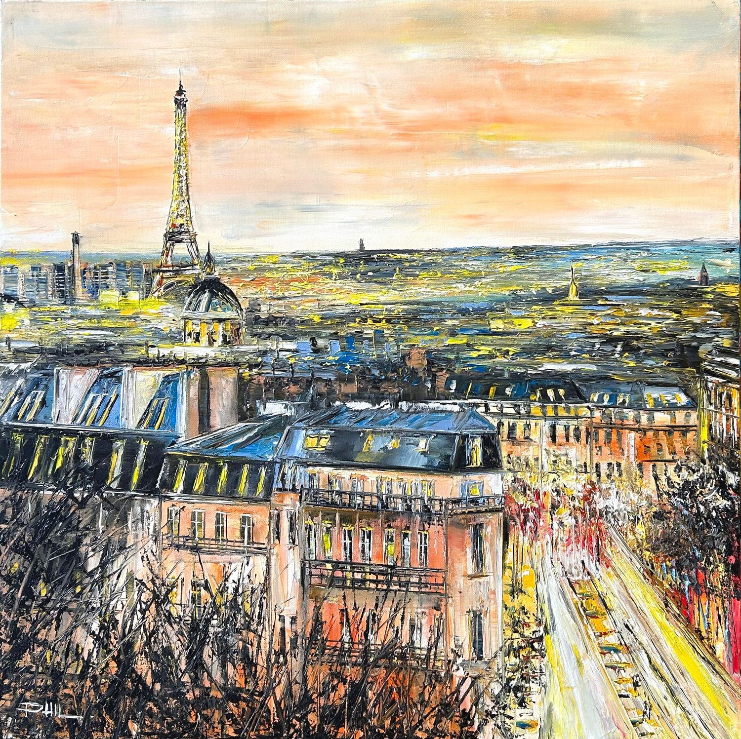 Tableau figuratif moyen format jaune et rouge Paris by night – PHIL – 60 × 60 cm