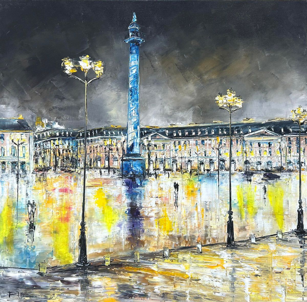 Tableau figuratif moyen format jaune et rouge Place Vendôme, Paris – PHIL – 60 × 60 cm