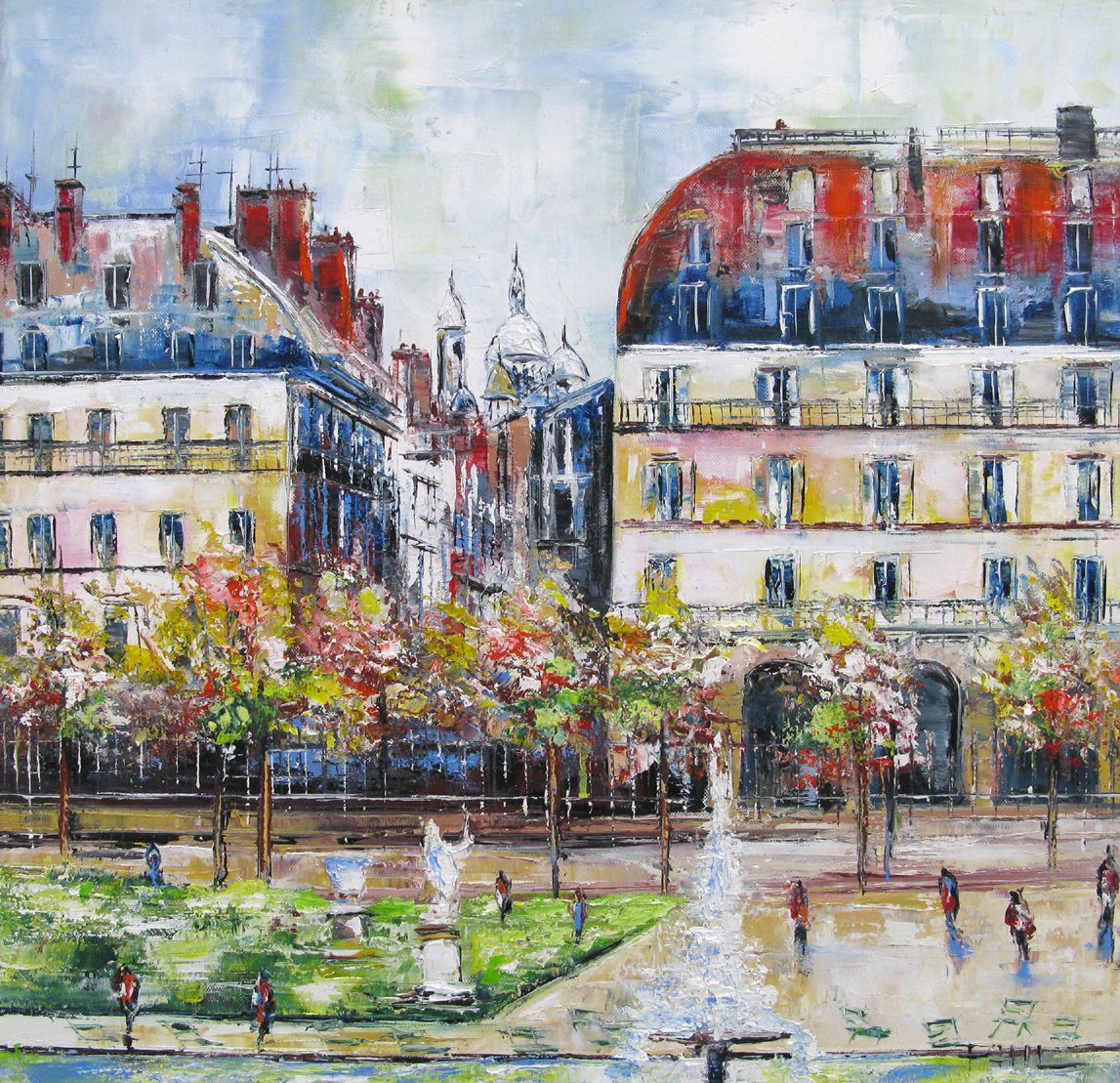 Tableau figuratif moyen format mauve Vue sur Montmartre, Paris – PHIL – 50 × 50 cm
