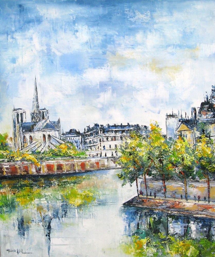 Tableau figuratif moyen format mauve Vue sur notre dame – PHIL – 50 × 65 cm