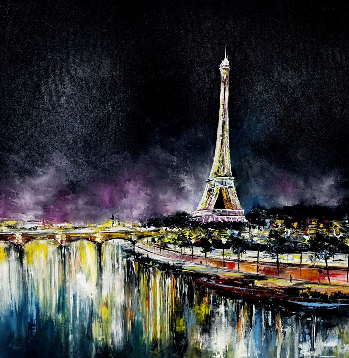 Tableau figuratif moyen format noir Les Péniches, Paris – PHIL – 60 × 60 cm