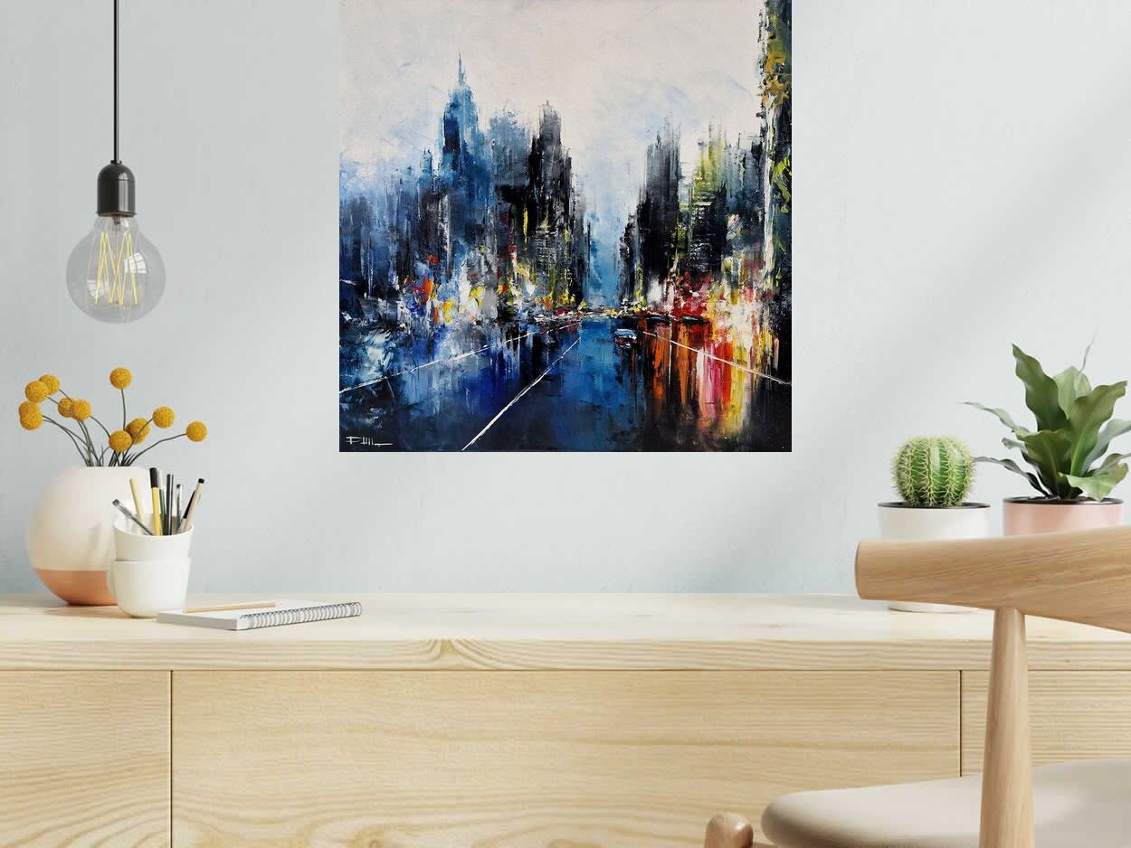 Tableau Avenue, NY Bleu Rain de PHIL dans un intérieur – 50 × 50 cm