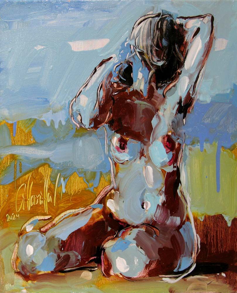Tableau figuratif petit format bleu et jaune Sara 2 – OLENA SINIUHINA – 38 × 46 cm