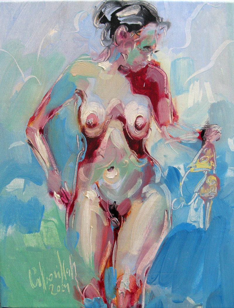 Tableau figuratif petit format bleu et rose Valérie – OLENA SINIUHINA – 40 × 30 cm