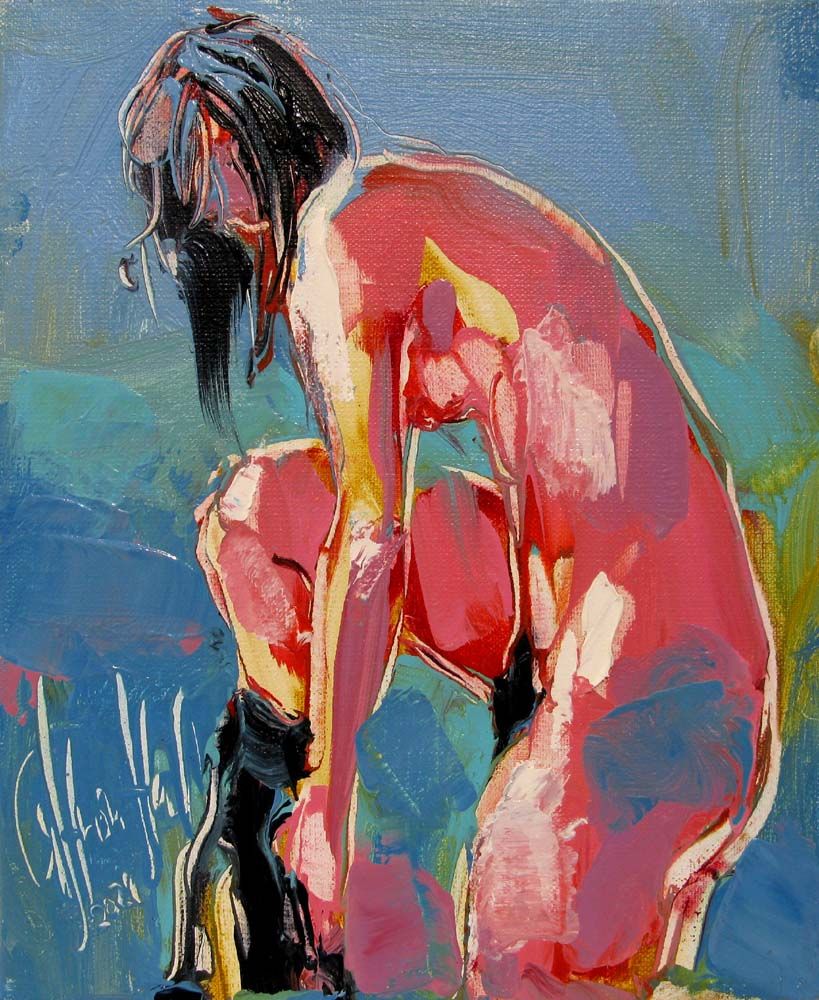 Tableau figuratif petit format bleu et rouge Tôt le matin – OLENA SINIUHINA – 22 × 27 cm