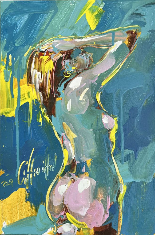 Tableau figuratif petit format jaune et vert Un moment avec Tania – OLENA SINIUHINA – 27 × 46 cm