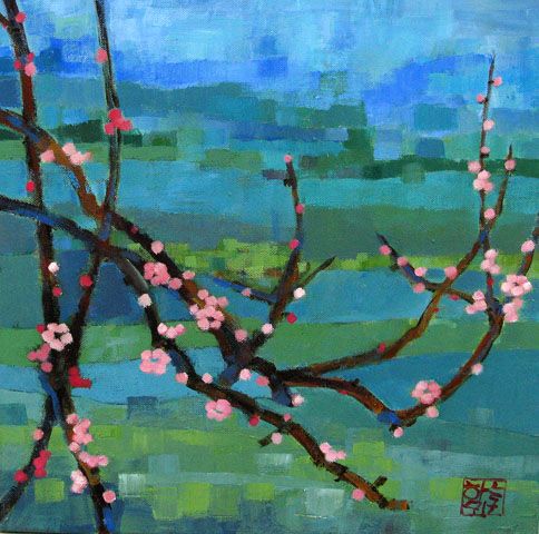 Tableau figuratif petit format PREMICES DU PRINTEMPS – JEONG MIN LEE – 40 × 40 cm